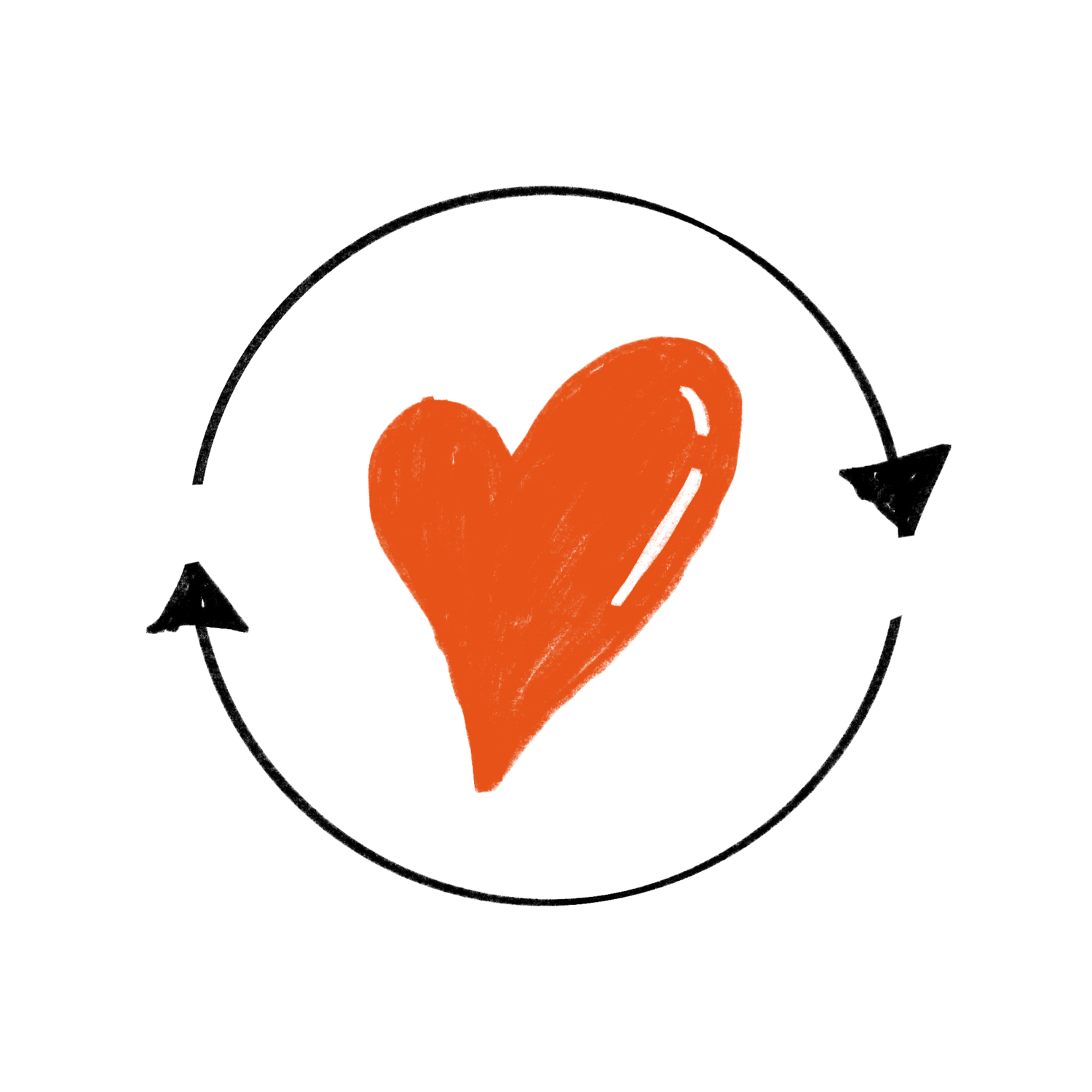 An illustrated orange heart with two black arrows going all the way around