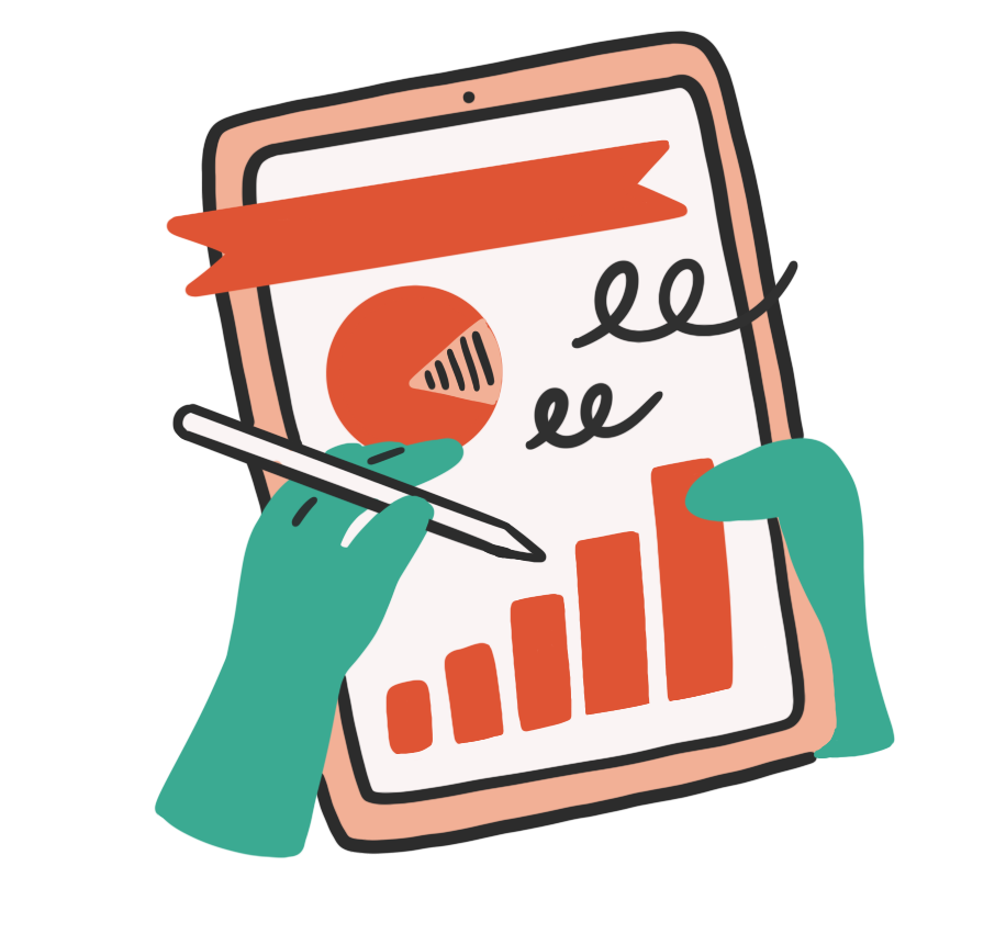 Hands using a stylus on a tablet displaying charts and graphics, representing infographic creation.