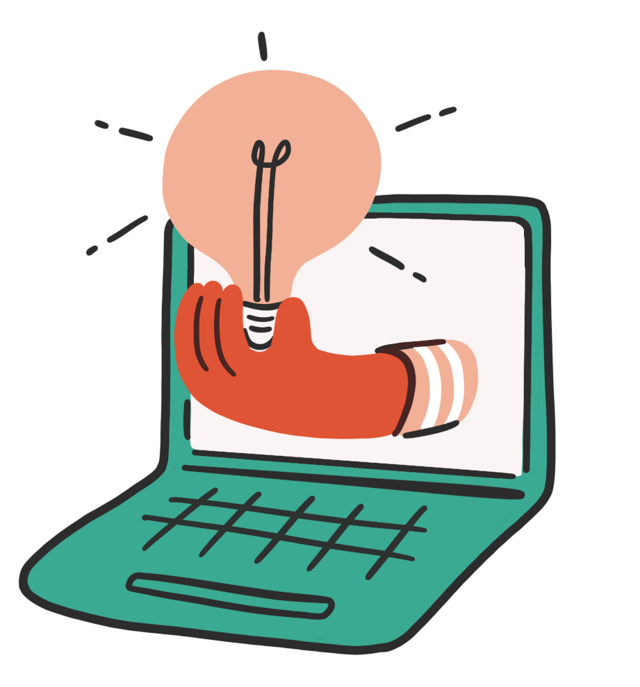 Hand holding a glowing lightbulb emerging from a laptop screen, symbolising ideas and learning design.