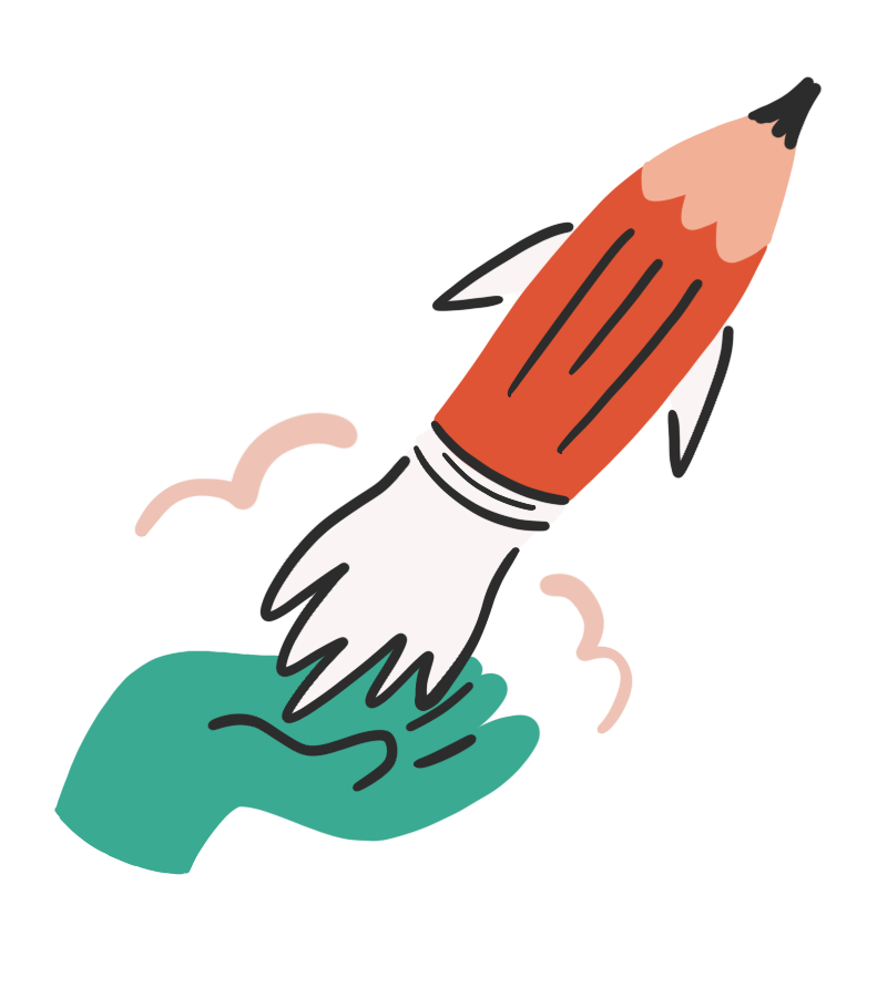 Rocket-shaped pencil launching from a hand, symbolising fast, creative live scribing or idea generation.