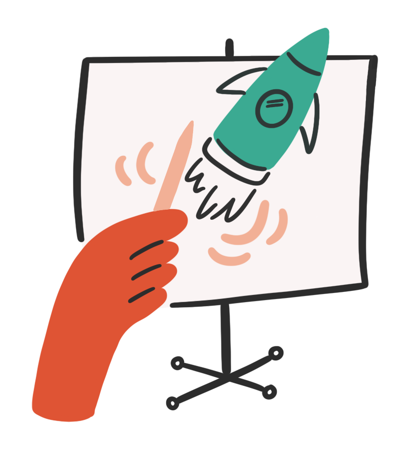 An illustration of a hand holding a pencil and paper with a rocket blasting off.