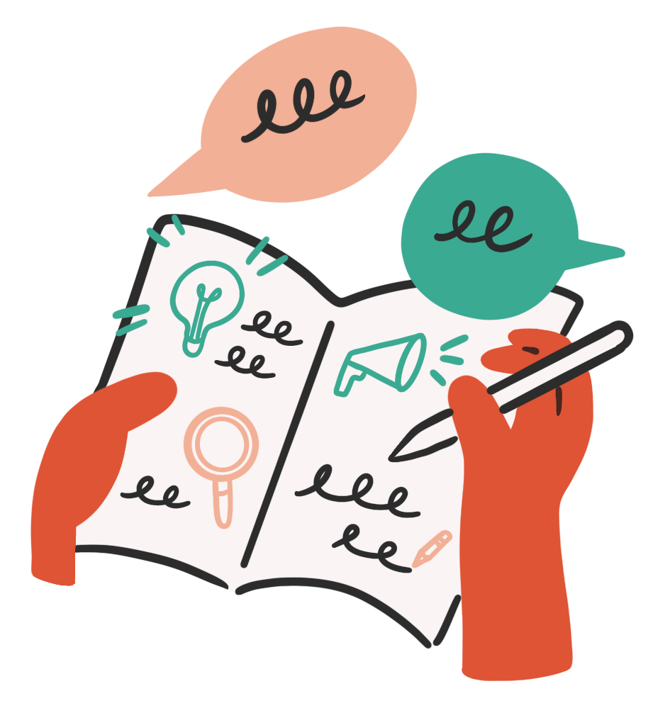 Hands holding an open notebook with icons, sketches, and speech bubbles, representing visual note-taking or summaries.