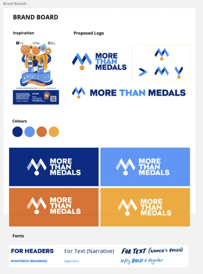 An image of a brand board and website concepts for More Than Medals.