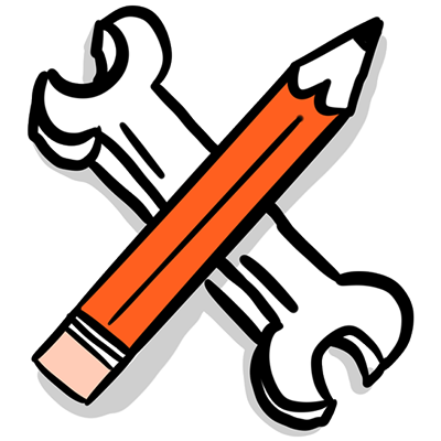 Illustrated pencil and spanner making an x